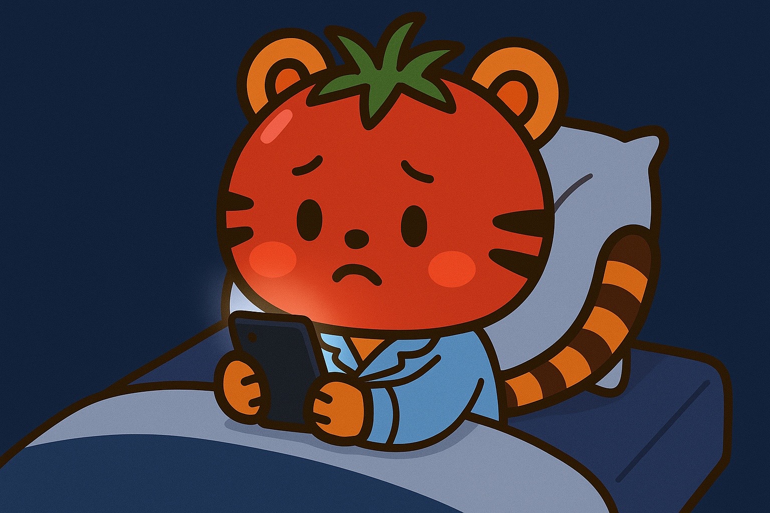 寝る前にスマホを見て眠れないトマトラ。ブルーライトが睡眠を妨げることを表現。